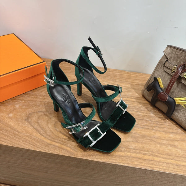 Hermès Liv Sandal 10.5 Dark Green in Velvet 744074