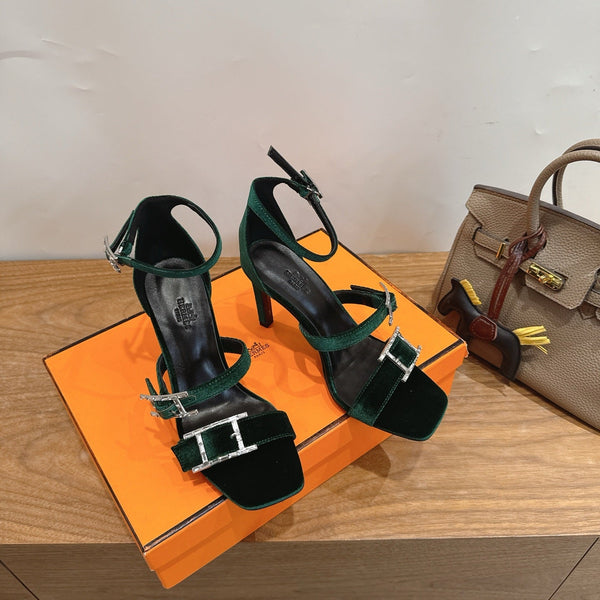 Hermès Liv Sandal 10.5 Dark Green in Velvet 744074