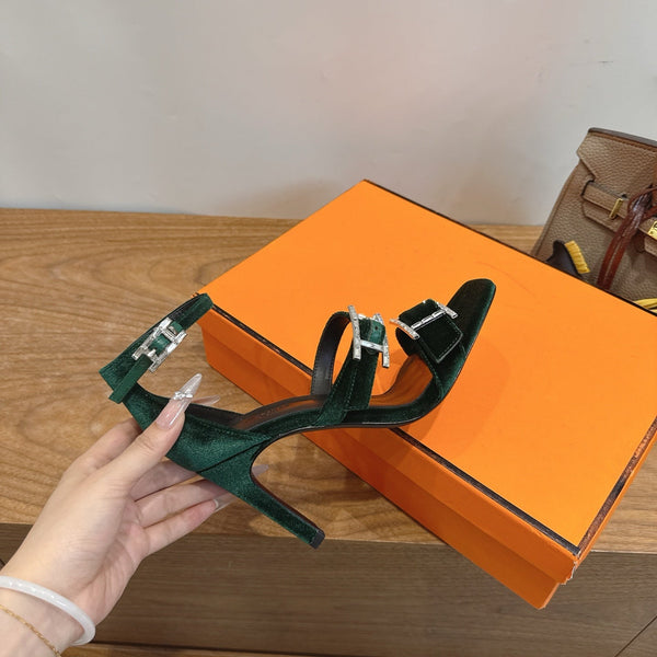 Hermès Liv Sandal 10.5 Dark Green in Velvet 744074
