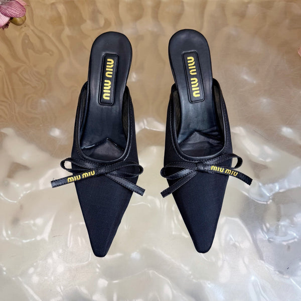 Miu Mules Pointed-Toe High Heels 55 Black in Mesh 749066