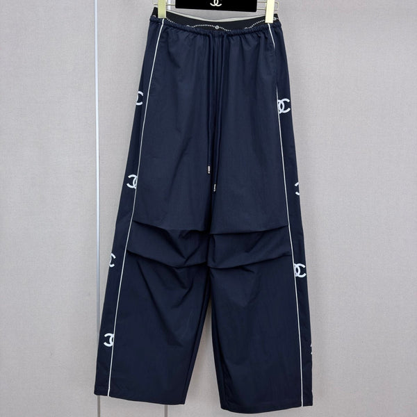 CC Double C Logo Printed Wide-leg Pants Navy Blue in Nylon 379604