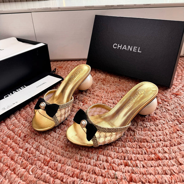 CC 26SS Pearl Heel 70mm Bow Sandals Gold in Netting fabric 760567