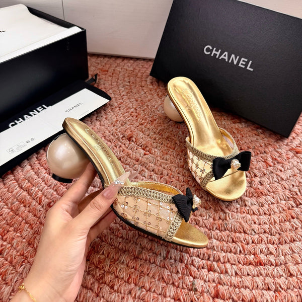 CC 26SS Pearl Heel 70mm Bow Sandals Gold in Netting fabric 760567