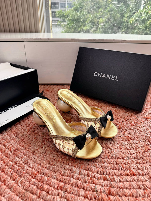 CC 26SS Pearl Heel 70mm Bow Sandals Gold in Netting fabric 760567