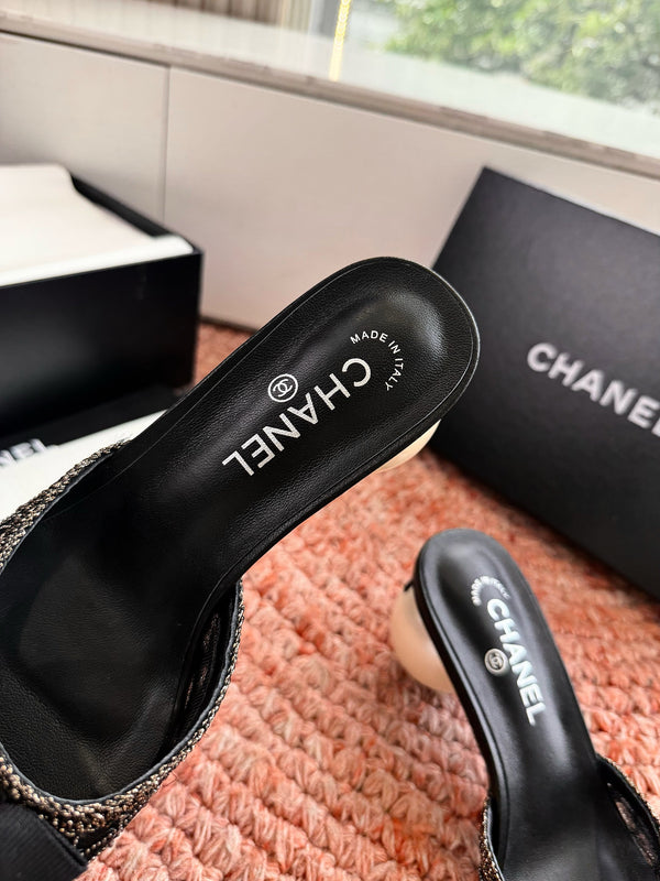 CC 26SS Pearl Heel 70mm Bow Sandals Black in Netting fabric 760565