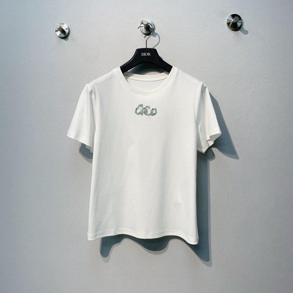 CC 26 White Rhinestone Embellished Crew Neck Short-Sleeve T-Shirt in Cotton 381113