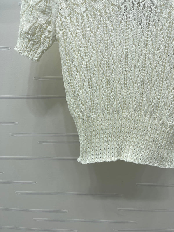 CC 26 Openwork Knit Short-Sleeve Top White in Wool Knitwear 380814