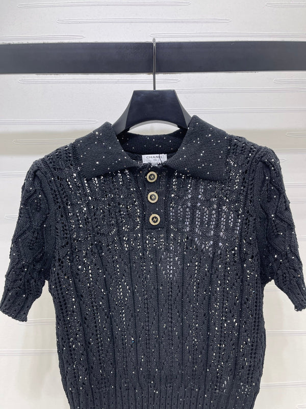CC 26 Openwork Knit Short-Sleeve Top Black in Wool Knitwear 380813