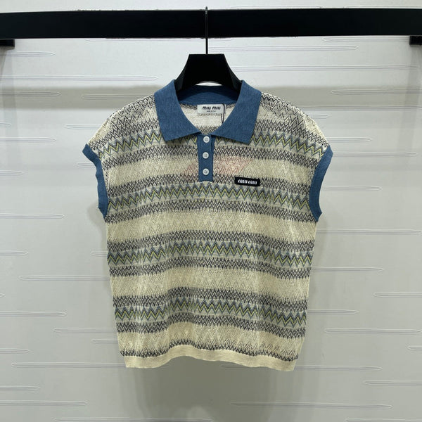 Miu 26 Hollow-out Striped Collared Knit Vest Beige Blue in Wool 380769
