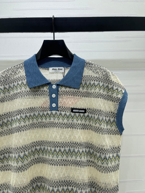 Miu 26 Hollow-out Striped Collared Knit Vest Beige Blue in Wool 380769