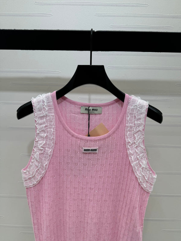 Miu 26 Lace-Neck Knit Vest Pink in Tencel 382103