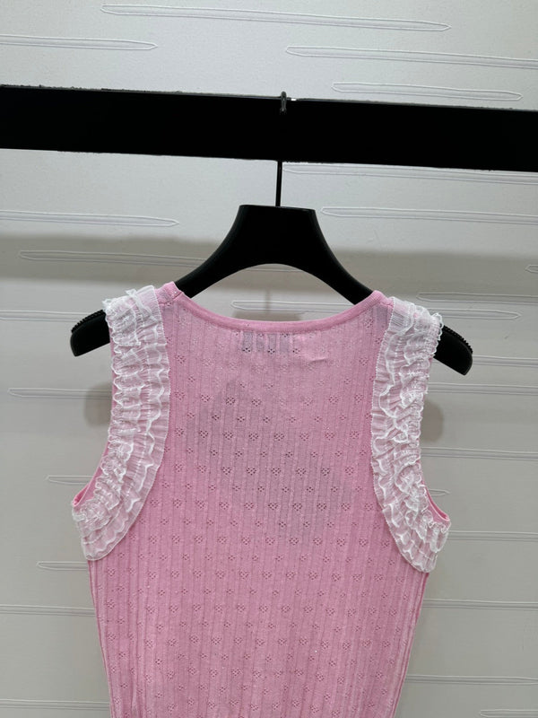 Miu 26 Lace-Neck Knit Vest Pink in Tencel 382103