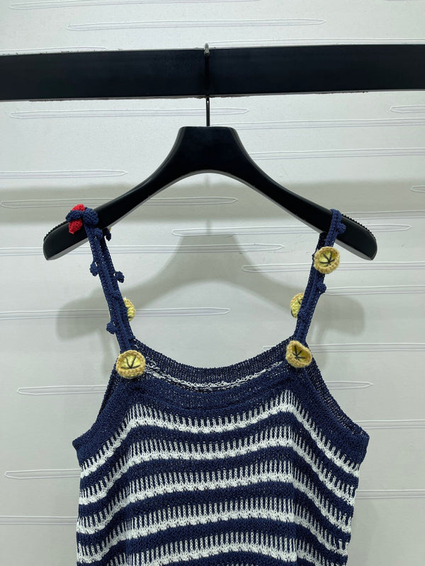 Miu 26 Crochet Striped Camisole Knit Vest Black in Wool 382058