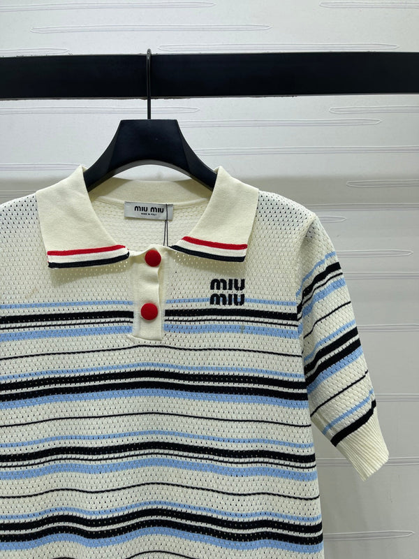 Miu 26 Striped Knit Short-sleeved Dress with a Lapel Collar Cream Blue in Wool