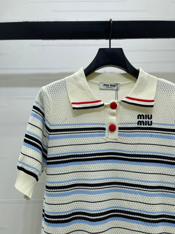 Miu 26 Striped Knit Short-sleeved Dress with a Lapel Collar Cream Blue in Wool