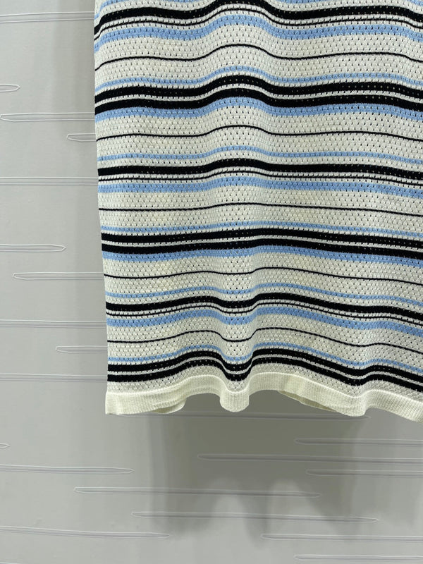 Miu 26 Striped Knit Short-sleeved Dress with a Lapel Collar Cream Blue in Wool