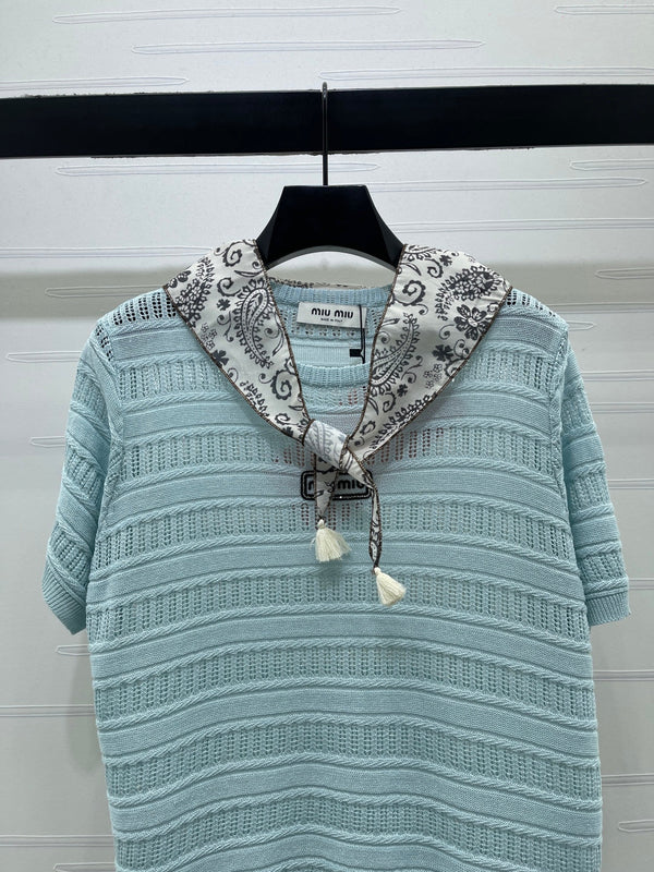 Miu 26 Crew Neck Knit Short-Sleeve T-Shirt with Scarf Design Blue in Wool