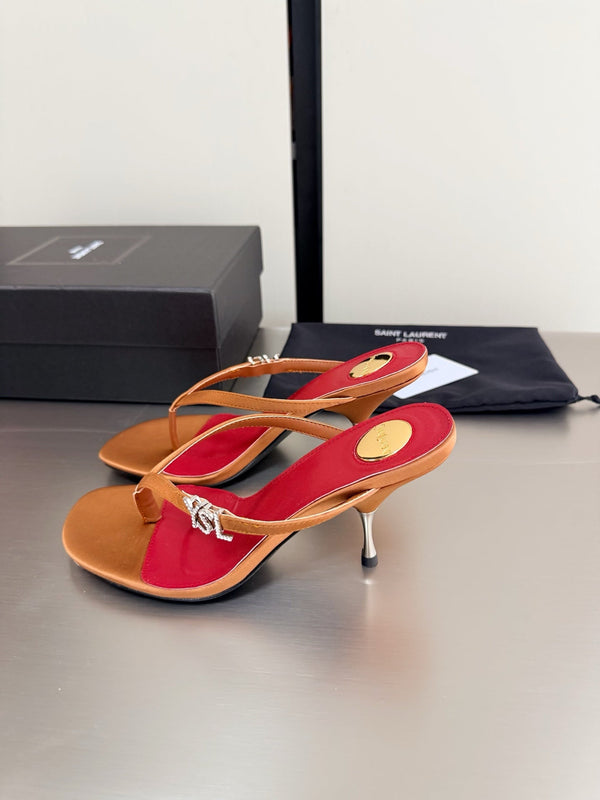 YSL Metal Heel 75mm with Side Rhinestone Buckle Logo Orange in Silk 784728