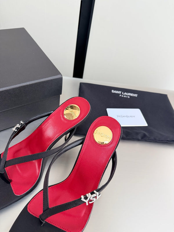 YSL Metal Heel 75mm with Side Rhinestone Buckle Logo Black in Silk 784727