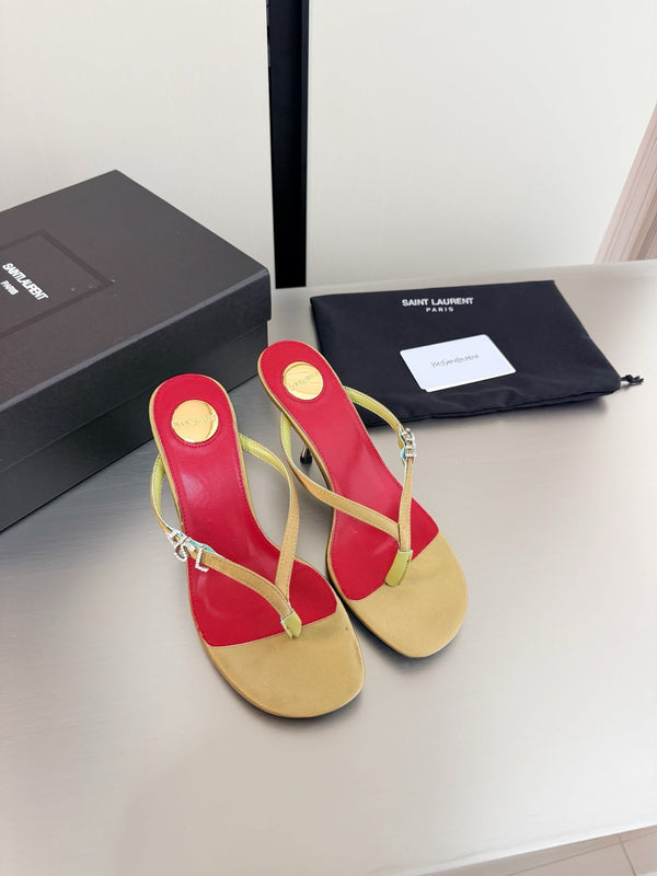 YSL Metal Heel 75mm with Side Rhinestone Buckle Logo Light Brown in Silk 784725