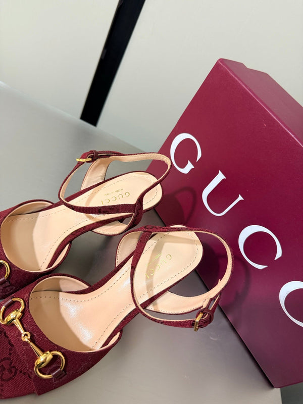 GG Buckle Stiletto Round Toe Heel Height 85mm Burgundy in Monogram 784462