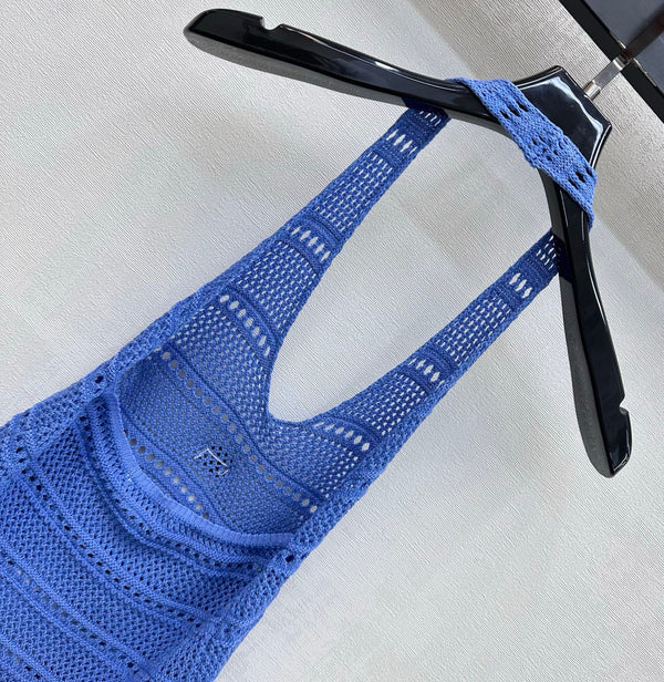 CC 26 Halter Neck Openwork Knit Vest Blue in Wool 385353
