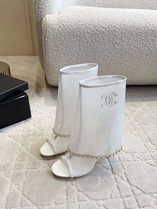 CC 26 Boots High-Heeled 95mm with Chain White in Mesh 808105