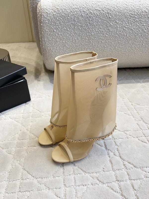 CC 26 Boots High-Heeled 95mm with Chain Beige in Mesh 808104