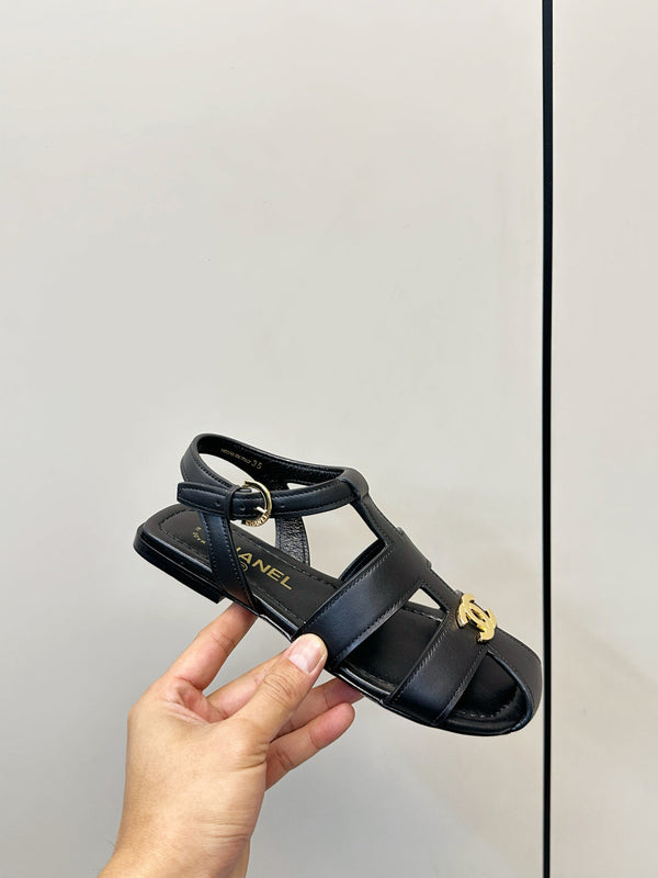 CC 26  T-strap Openwork Roman Sandals Black in Cowhide 815985