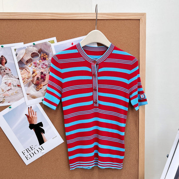 CC 2026 Red And Turquoise Striped Tencel Top 481971