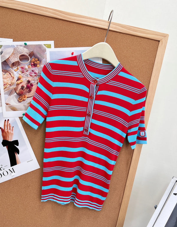 CC 2026 Red And Turquoise Striped Tencel Top 481971