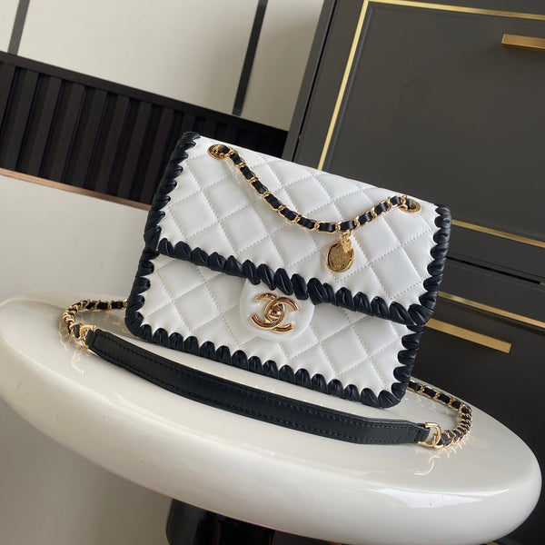 CC Flap Bag 22cm White Lambskin with Black Braided Trim