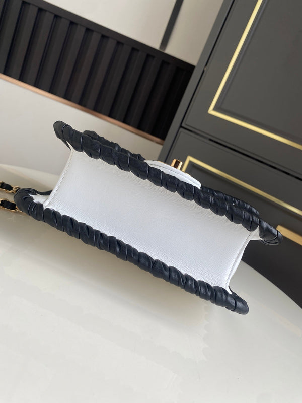 CC Flap Bag 15cm White Lambskin with Black Braided Trim