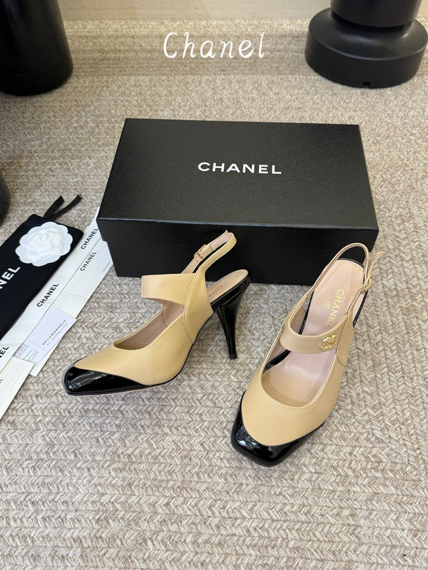CC 26S Square-Toe Mary Jane Slingback Pumps Beige Black Lambskin 835675