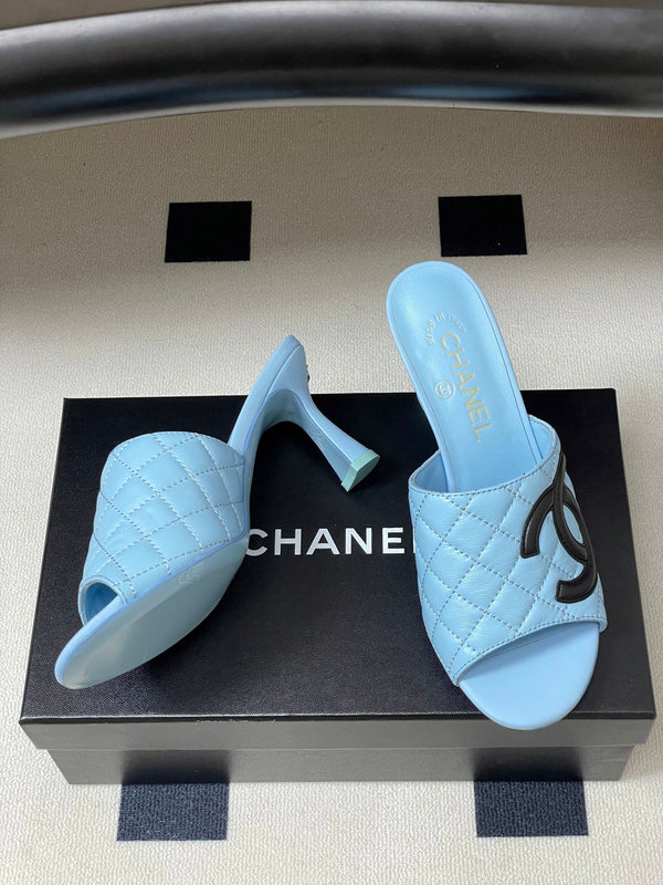 CC 26A Logo Quilted Heeled Sandals 8cm Blue Black Lambskin 834707