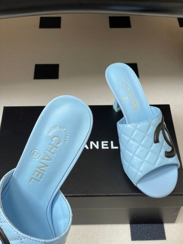 CC 26A Logo Quilted Heeled Sandals 8cm Blue Black Lambskin 834707