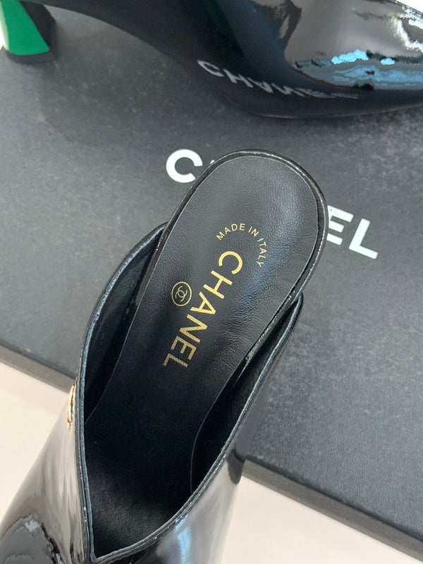 CC 26P Double C Color-Block Square-Toe Mule Slippers Patent Calfskin 841995