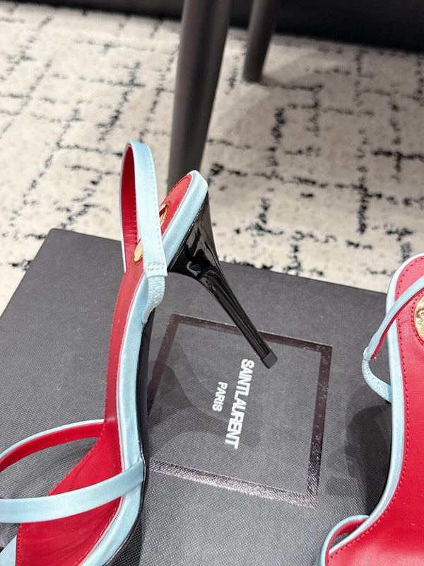YSL Kirat Cross-Strap Stiletto Sandals 9.5cm Red Blue Cowhide Leather 847158