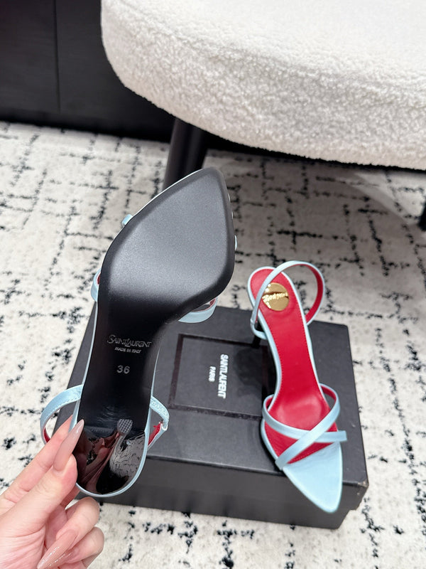 YSL Kirat Cross-Strap Stiletto Sandals 9.5cm Red Blue Cowhide Leather 847158
