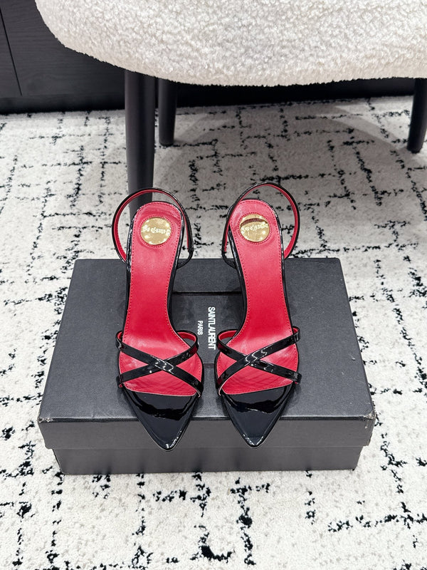 YSL Kirat Cross-Strap Stiletto Sandals 9.5cm Red Black Patent Cowhide Leather 847157