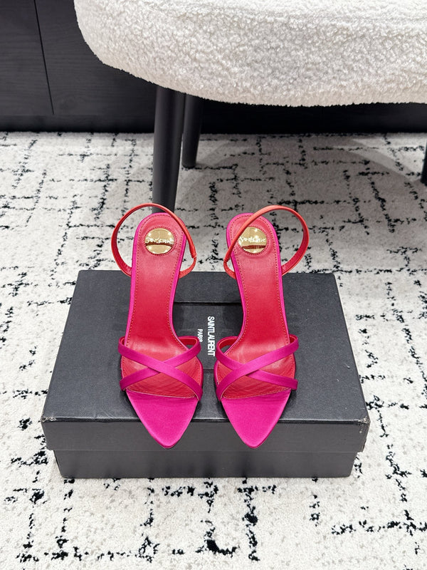 YSL Kirat Cross-Strap Stiletto Sandals 9.5cm Red Pink Cowhide Leather 847155
