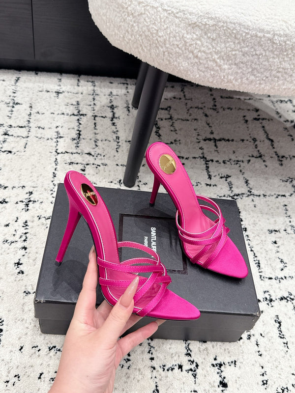 YSL Kirat Cross-Strap Stiletto Mules 10.5cm Pink Cowhide Leather 847148