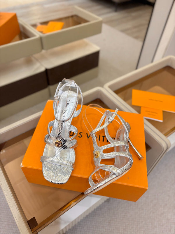 LV Isola Sandals 9.5cm Silver Metallic Calfskin Leather 844398
