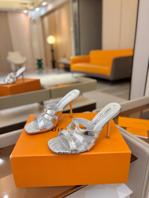 LV Isola Mule 9.5cm Silver Metallic Calfskin Leather 844384