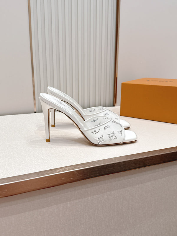 LV Gala Mules 9.5cm White Rhinestone Mesh 844226