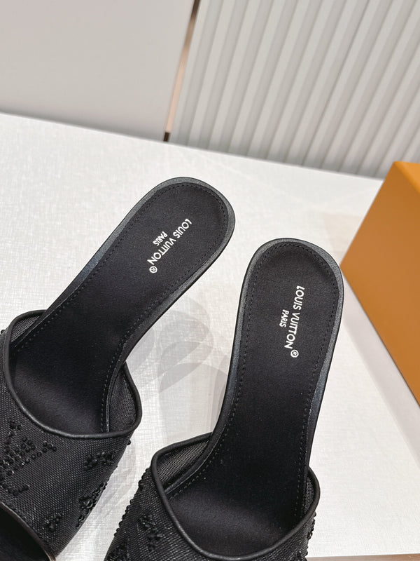 LV Gala Mules 9.5cm Black Rhinestone Mesh 844225