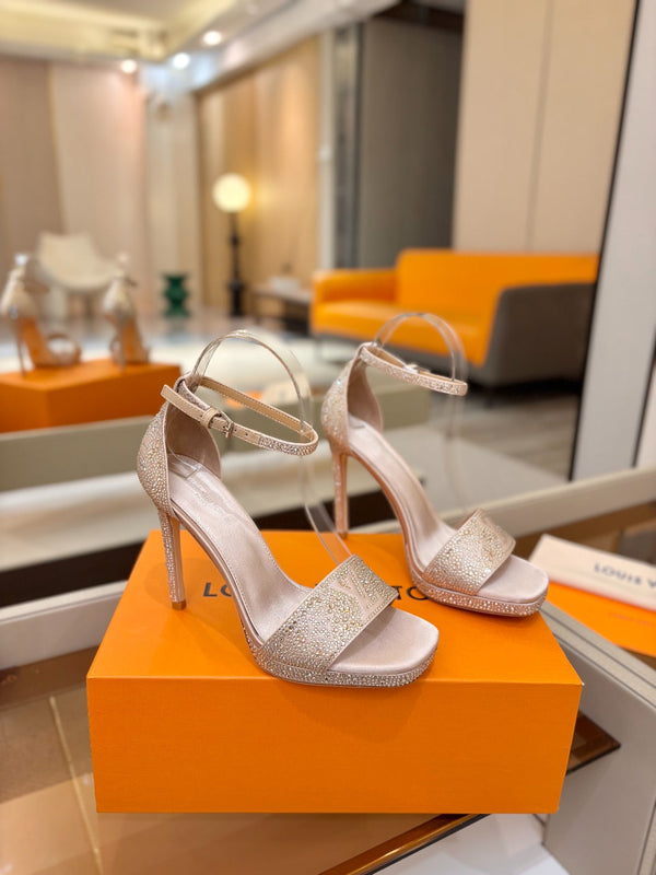 LV Sandals 11cm Begie Silk Rhinestone 844394