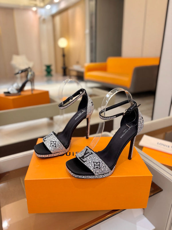 LV Sandals 11cm Black Silk Rhinestone 844393