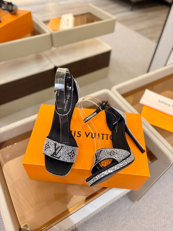 LV Sandals 11cm Black Silk Rhinestone 844393