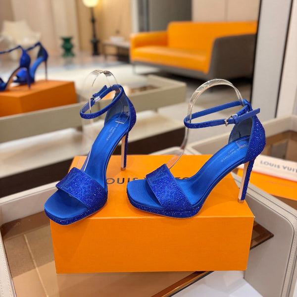 LV Sandals 11cm Blue Silk Rhinestone 844392